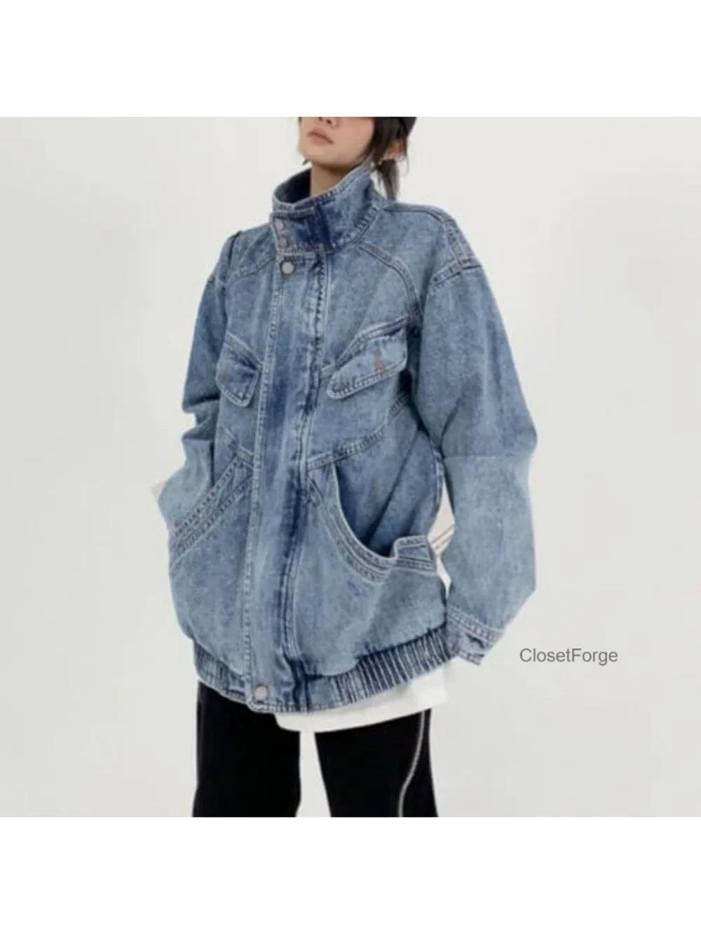 Oversized Stand Collar Shacket Jean Jacket Zip Up Distressed Frayed Denim